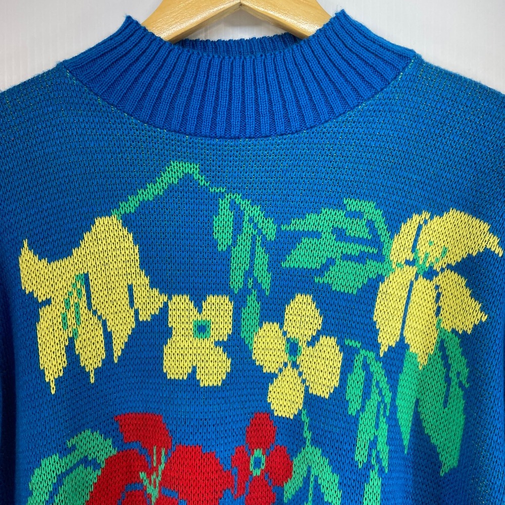 VTG 80s Keneth Too Blue Large Floral Long Sleeve Mock Neck Sweater Womens Medium - Picture 2 of 9